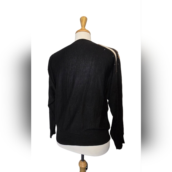 Vintage 80s Wool Blend Black V Neck Sweater Western GrannyCore Bling Embroidered - Picture 4 of 9